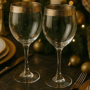 NWOT Vintage Italian Crystal Wine Champagne Glasses With Gold Trim Greek Design